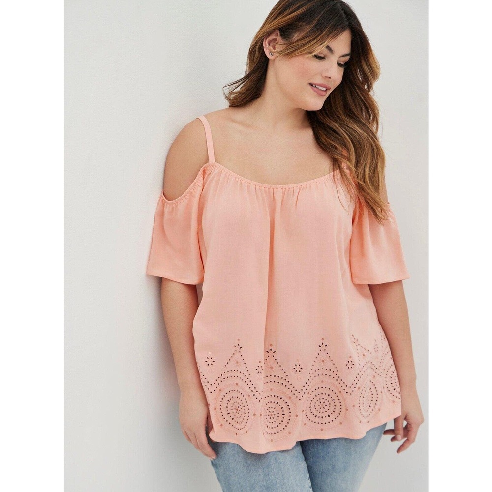 NWT‎ Torrid Peach Challis Eyelet Border Cold Shoulder Casual Top Womans Size 2X